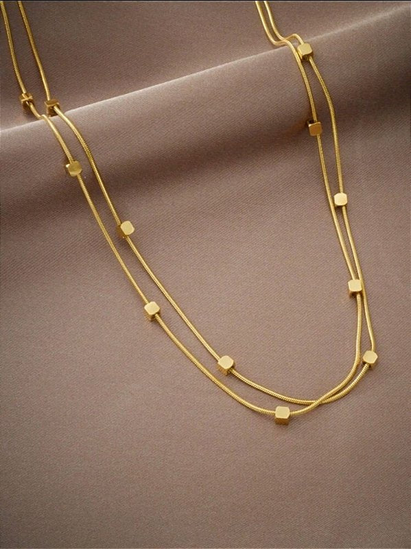Colar Duplo Mini Cubos Banhado a Ouro 18k