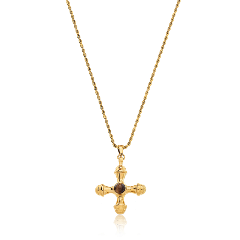 Colar Cruz Olho de Tigre Banhado a Ouro 18k