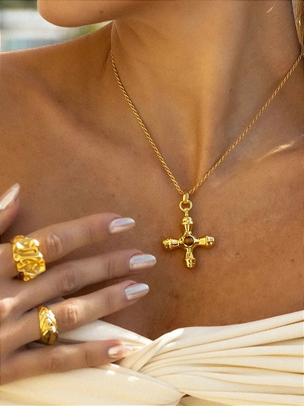 Colar Cruz Olho de Tigre Banhado a Ouro 18k