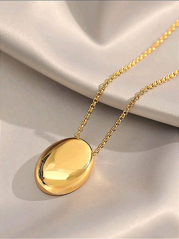 Colar Longo Pingente Oval Banhado a Ouro 18k