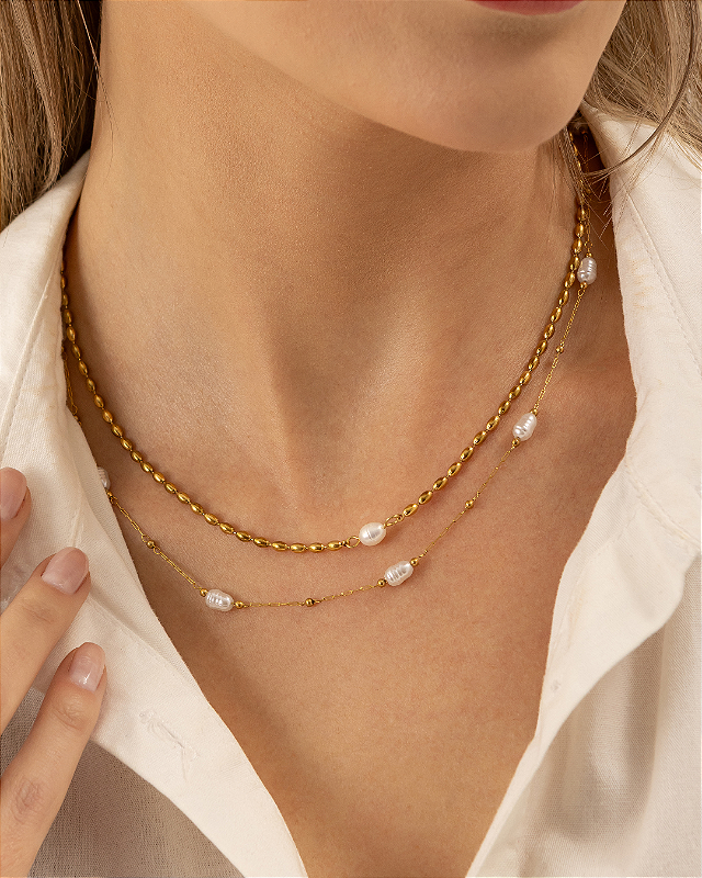 Colar Bolinhas e Pérola Banhado a Ouro 18k