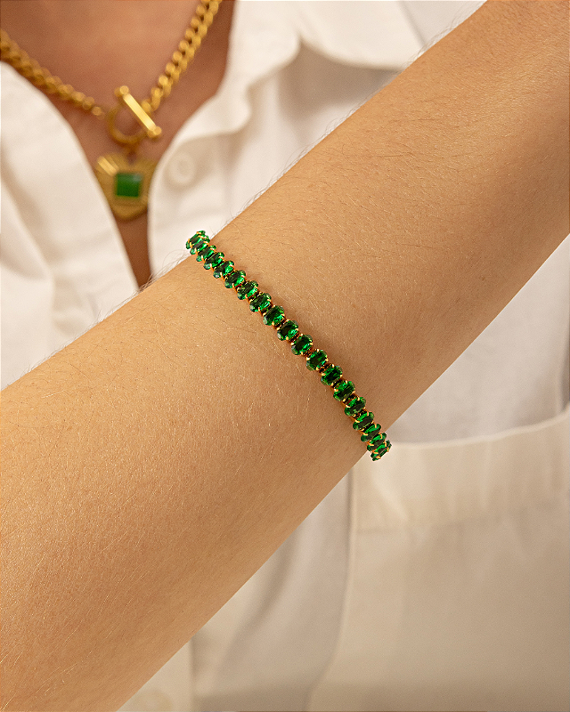 Pulseira Riviera Navete Esmeralda Banhada a Ouro 18k