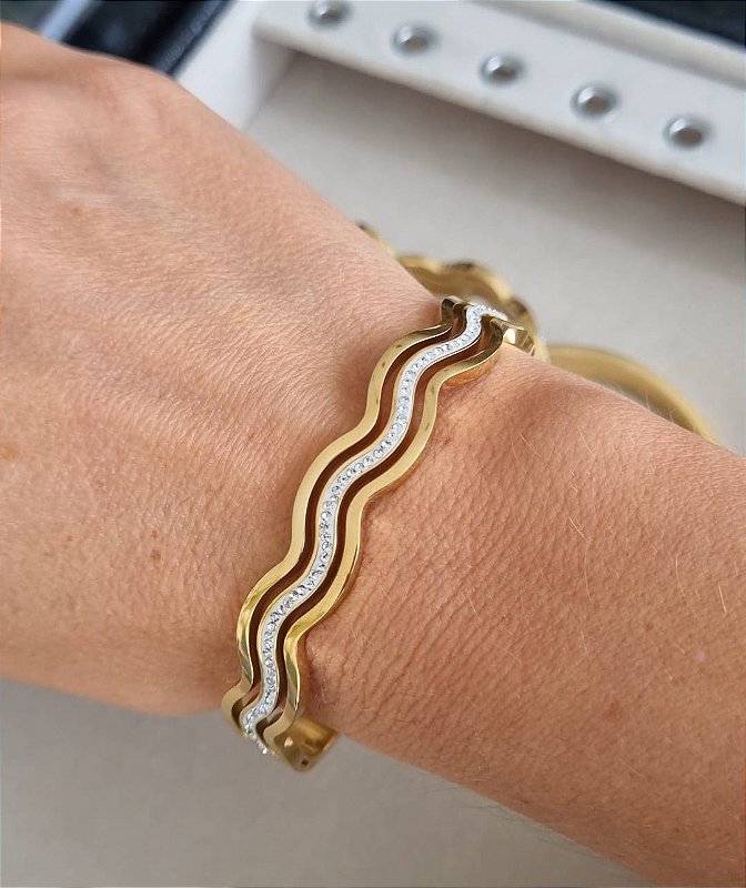 Bracelete Ondas do Mar Banhado a Ouro 18k