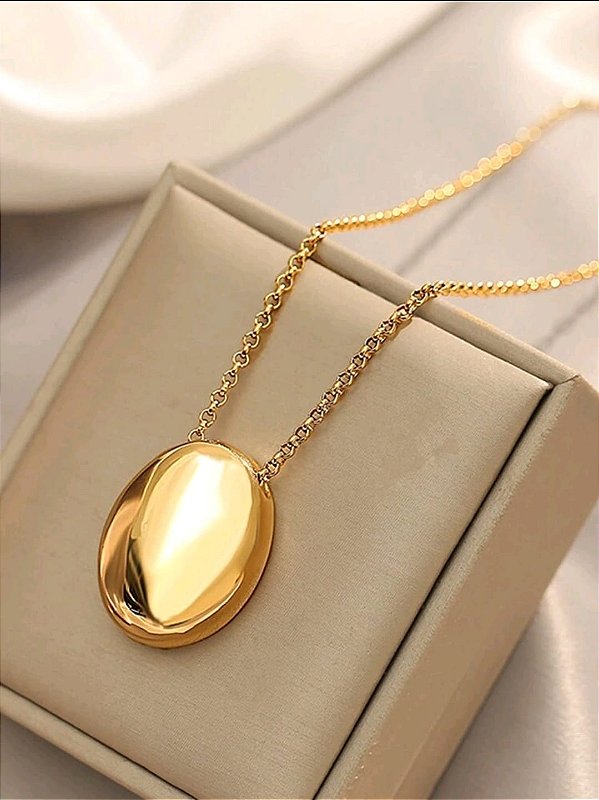 Colar Longo Pingente Oval Banhado a Ouro 18k