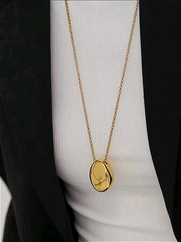 Colar Longo Pingente Oval Banhado a Ouro 18k