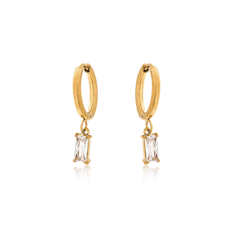 Brinco Argolinha Zircônia Retangular Banhado a Ouro 18k