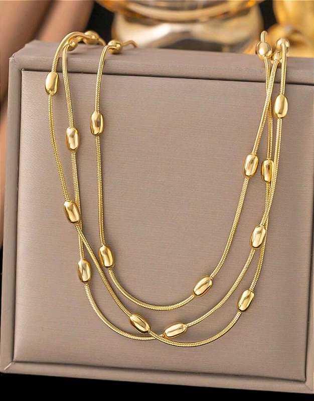 Colar Longo Bolinhas Banhado a Ouro 18k