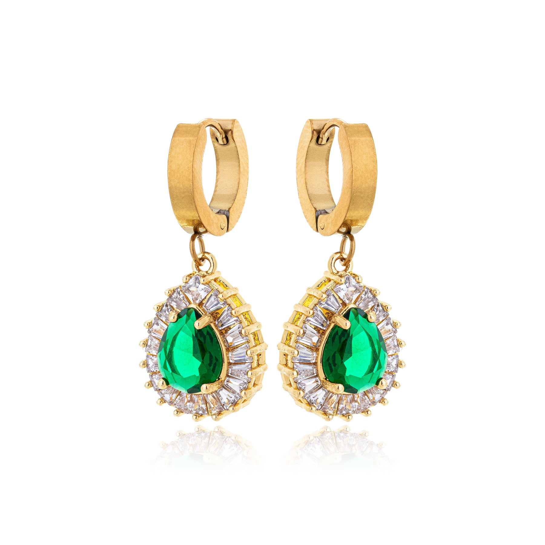 Brinco Argola Gota Cravejata Esmeralda Banhado a Ouro 18k