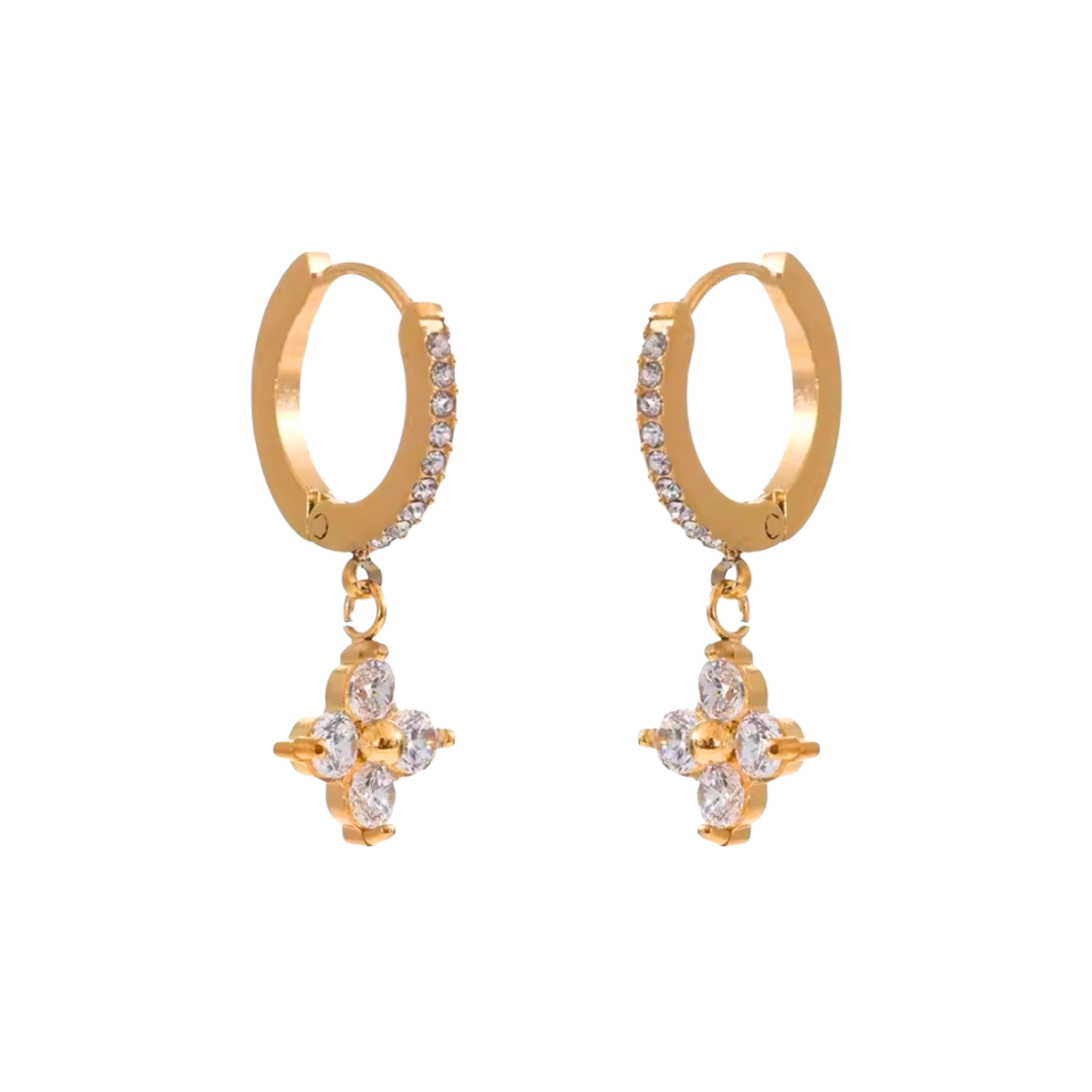 Brinco Argolinha Cravejada Trevo em Flor Banhado a Ouro 18k