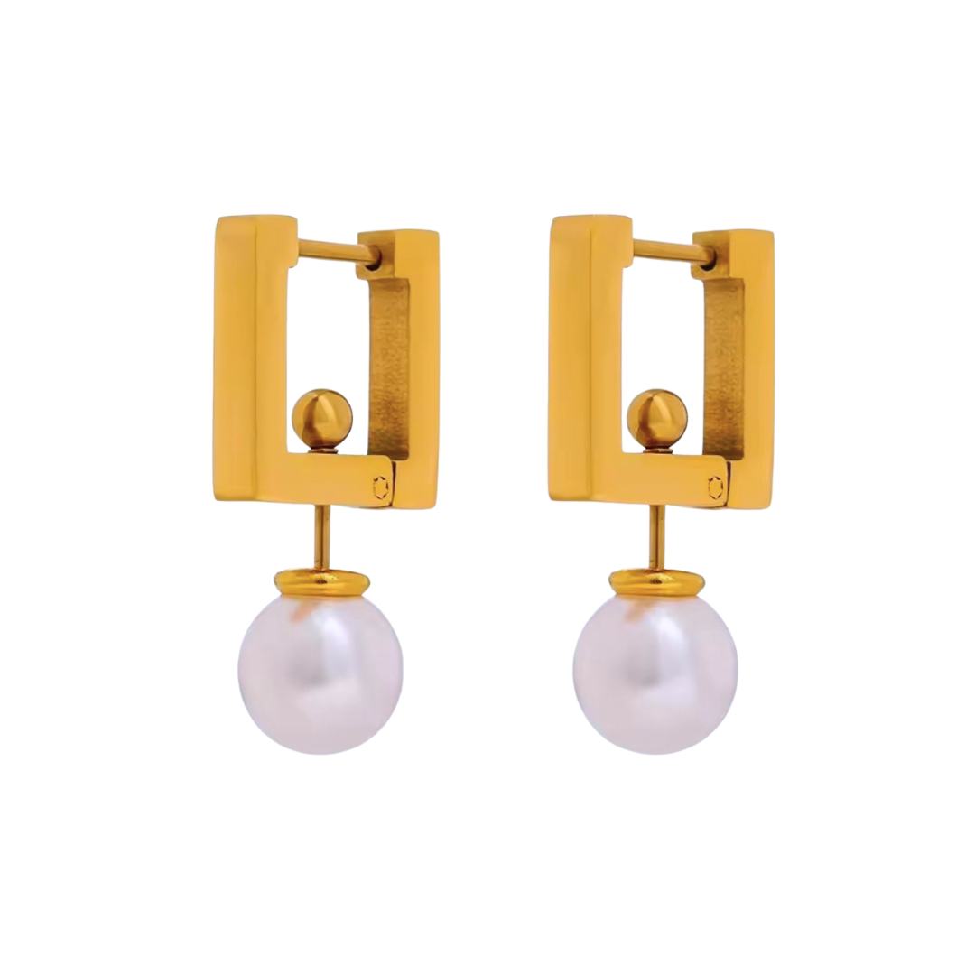 Brinco Argolinha Quadrada com Pérola Banhada a Ouro 18k