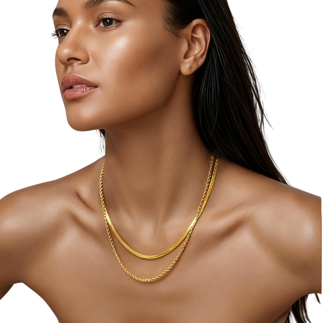 Colar Duplo Cordão Torcido e Fita Banhados a Ouro 18k