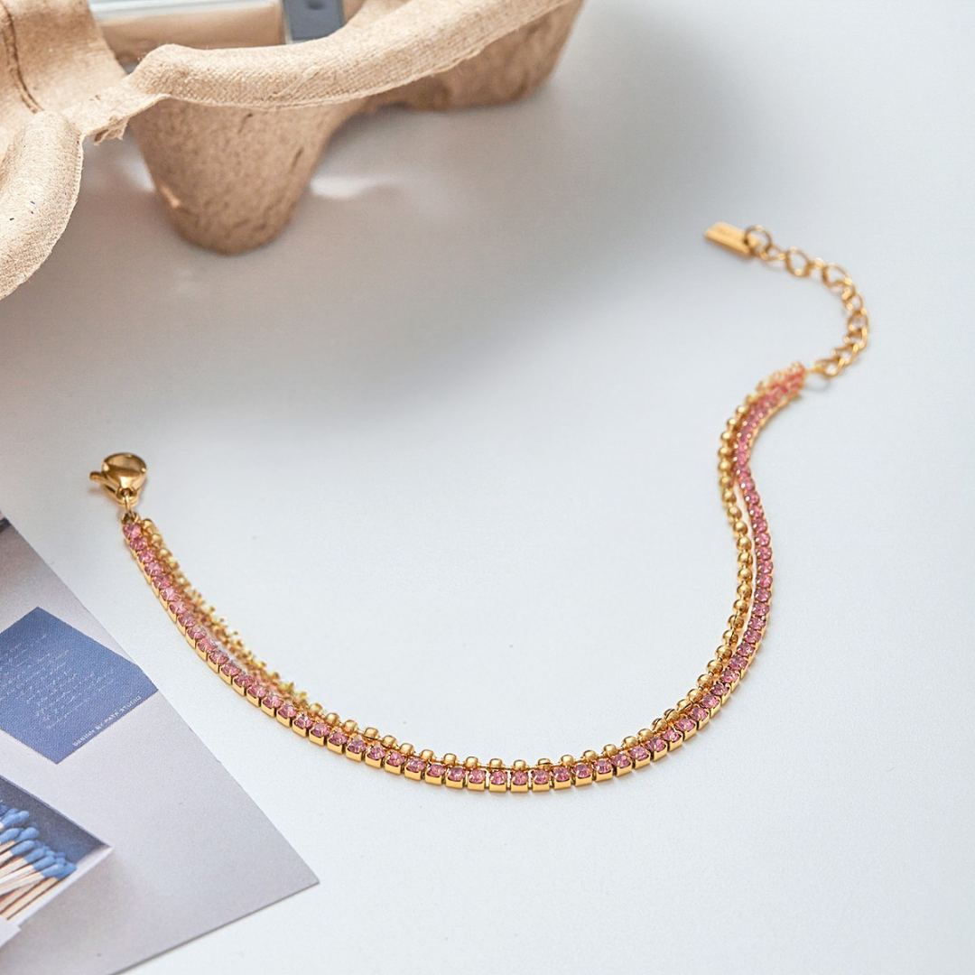 Pulseira Dupla de Bolinhas e Zircônias Rosas Banhada a Ouro 18k