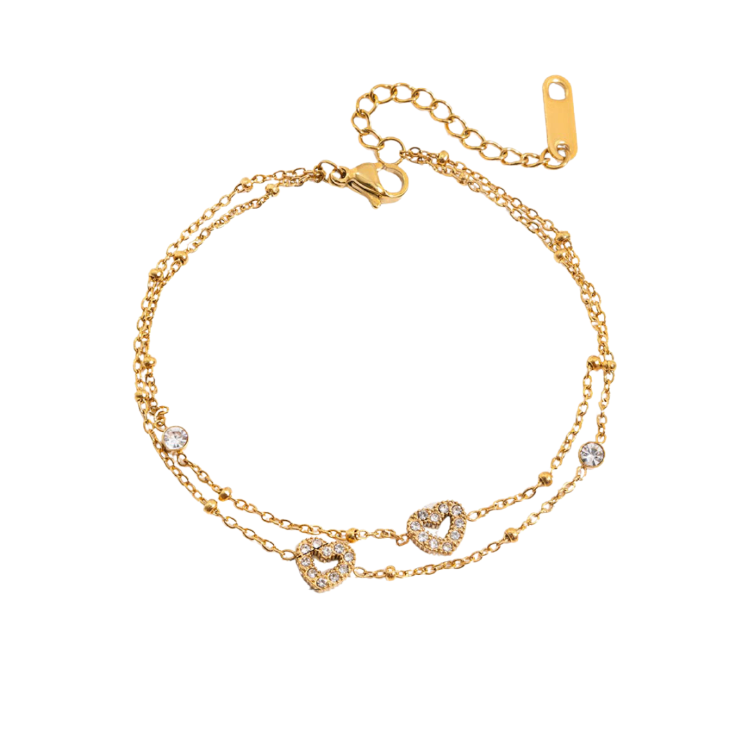 Pulseira Dupla Mini Corações Cravejados Banhada a Ouro 18k