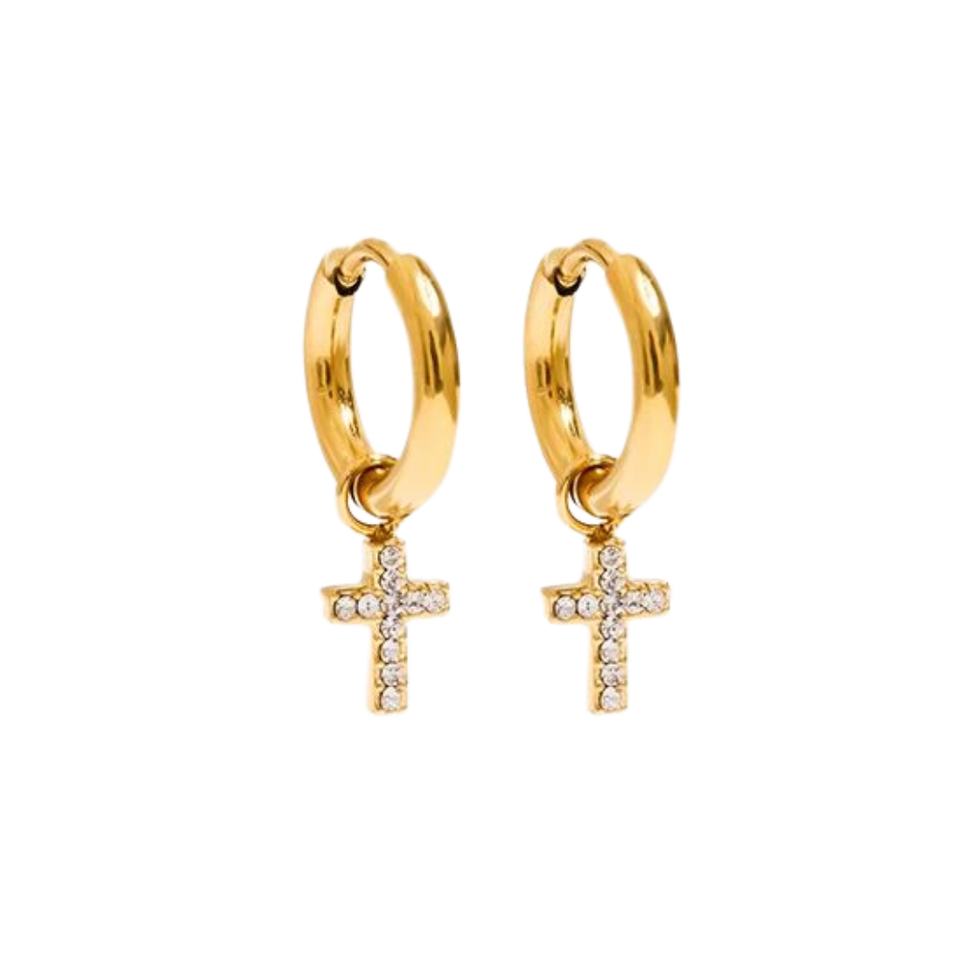 Brinco Argolinha Cruz Cravejada Banhado a Ouro 18k