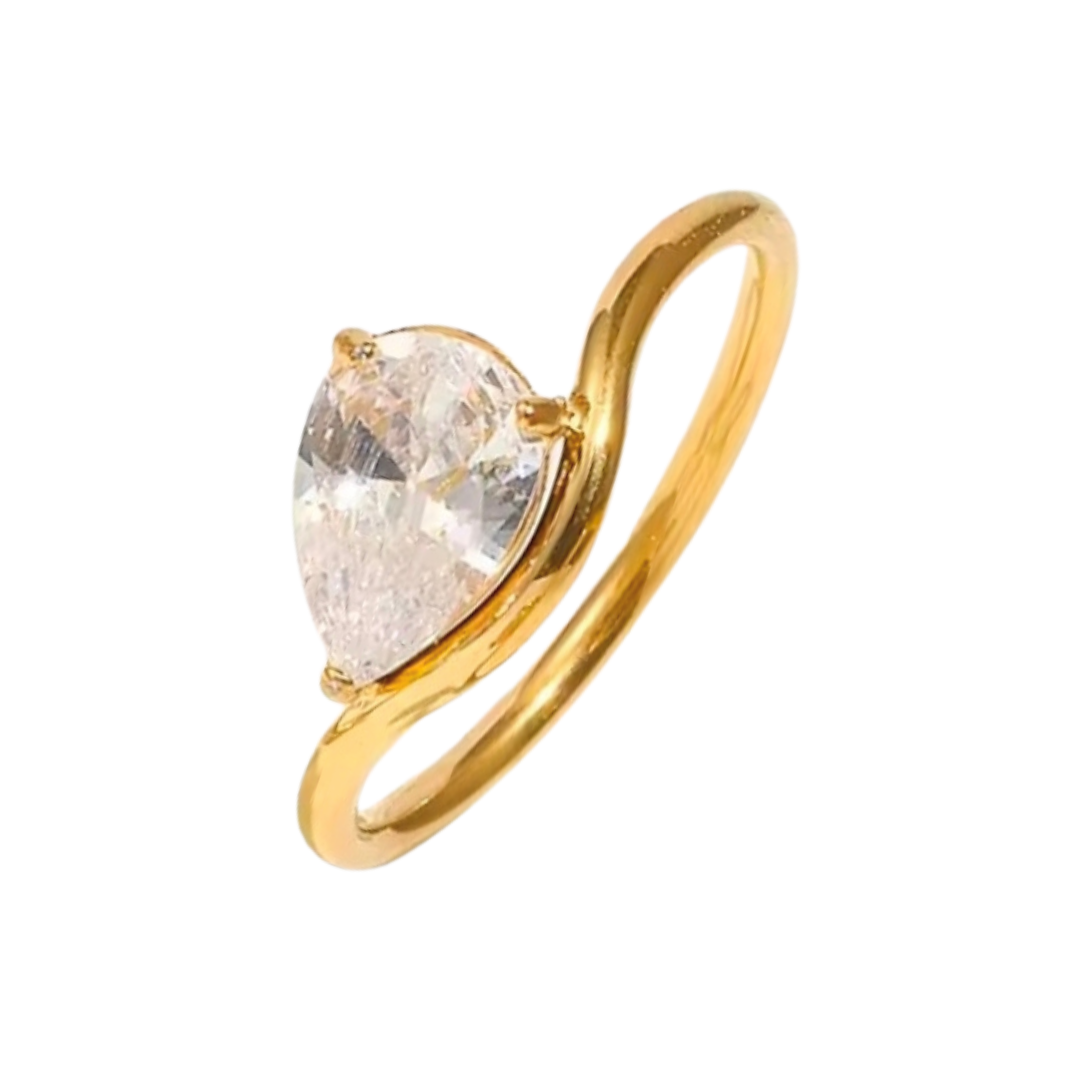 Anel Zircônia Gota Banhado a Ouro 18k