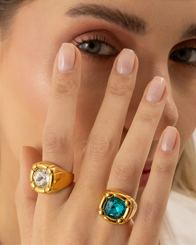 Anel Party Pedra Azul Banhado a Ouro 18k