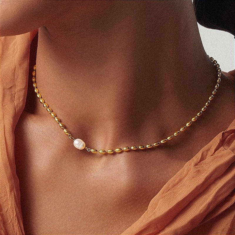 Colar Bolinhas e Pérola Banhado a Ouro 18k