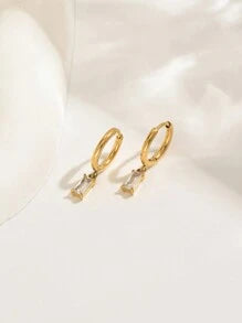 Brinco Argolinha Zircônia Retangular Banhado a Ouro 18k