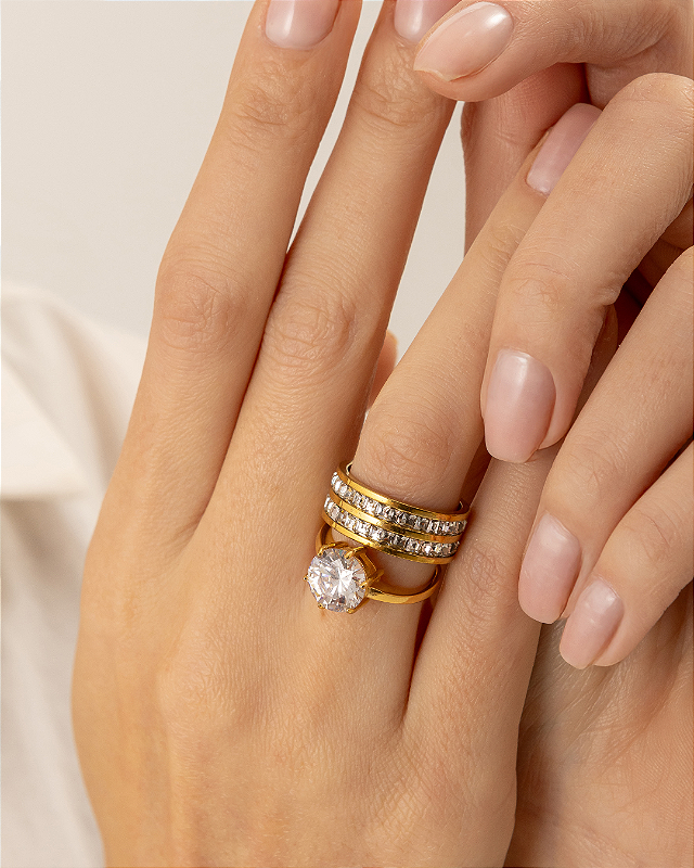 Anel Aliança Cravejada Dupla Banhado a Ouro 18k