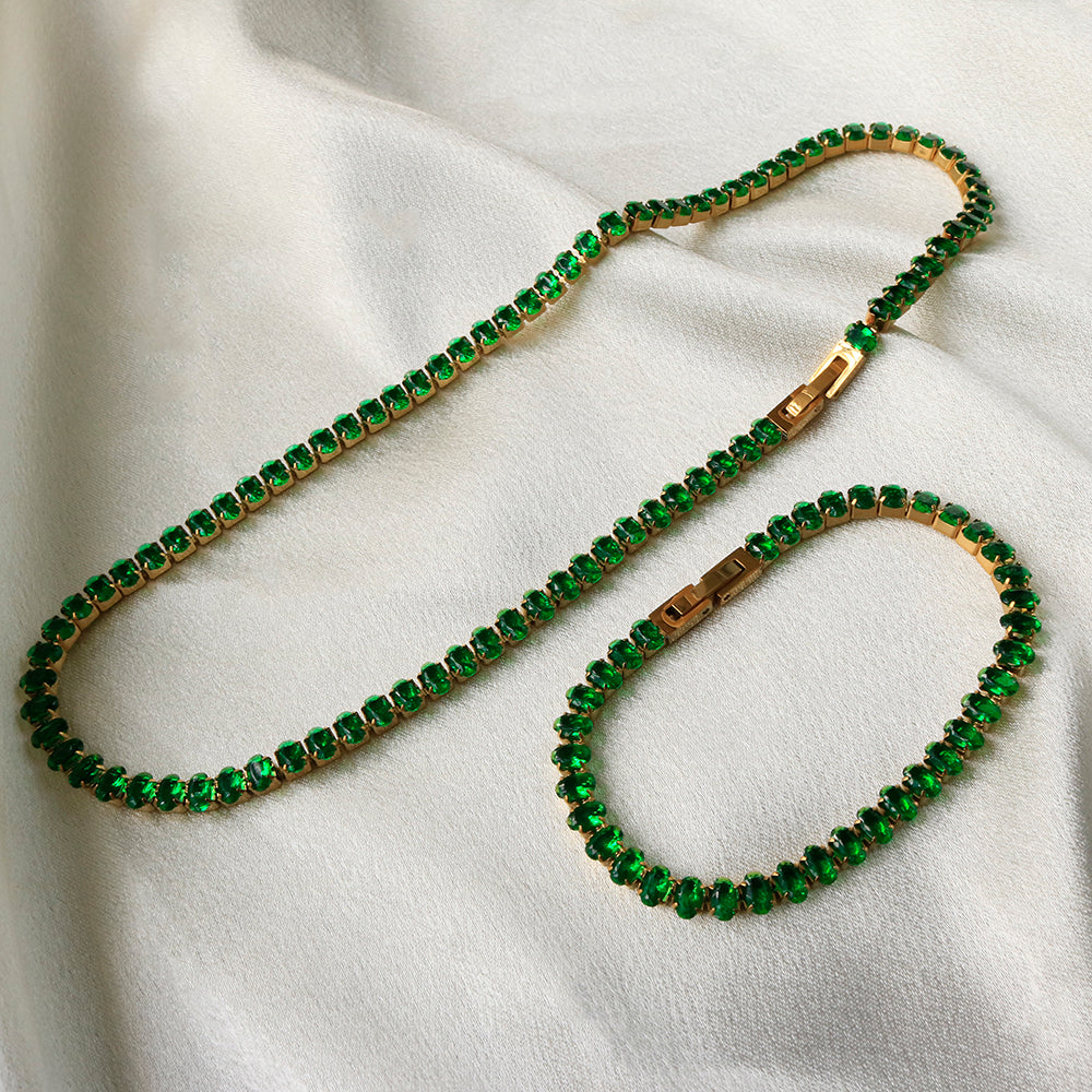 Colar Choker Riviera Navete Esmeralda em Aço Banhado a Ouro