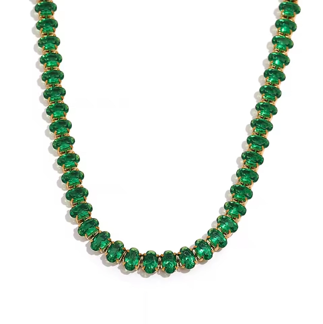 Colar Choker Riviera Navete Esmeralda em Aço Banhado a Ouro