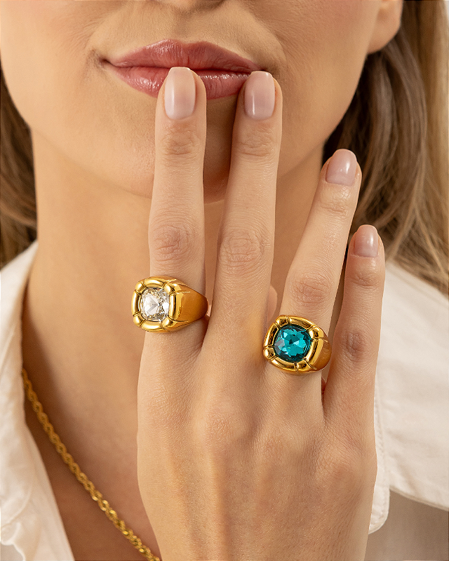 Anel Party Pedra Cristal Banhado a Ouro 18k