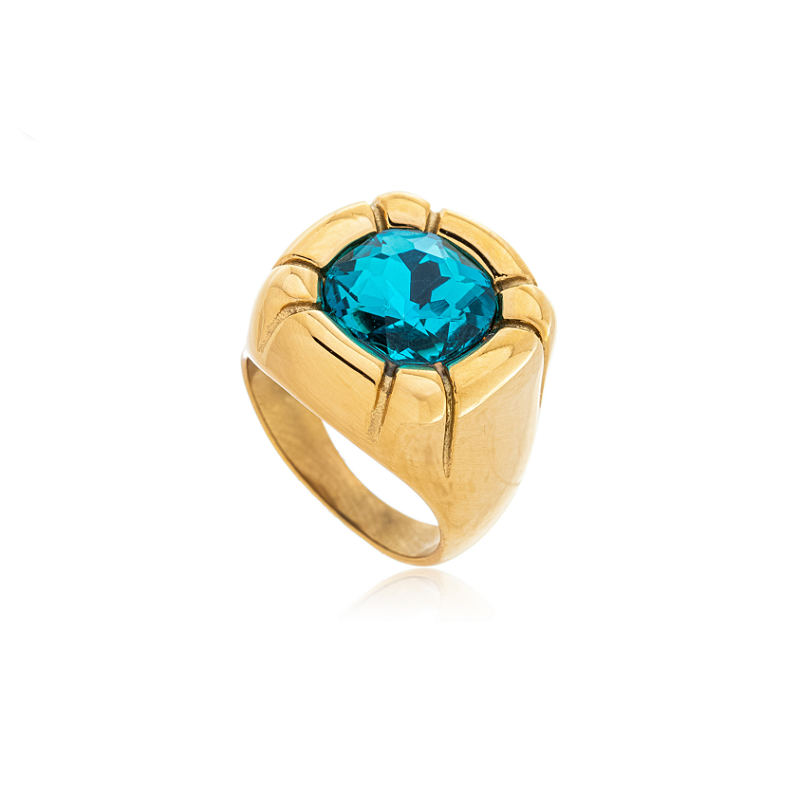 Anel Party Pedra Azul Banhado a Ouro 18k