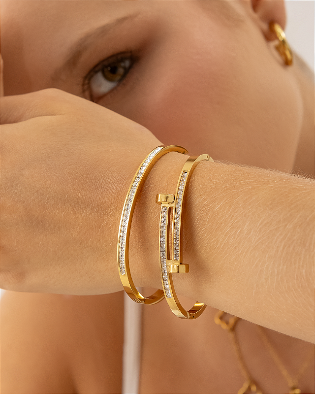 Bracelete Prego Cravejado Banhado a Ouro 18k