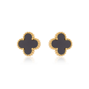 Brinco Trevo Preto Banhado a Ouro 18k