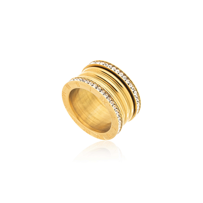 Anel Números Romanos Cravejado Banhado a Ouro 18k