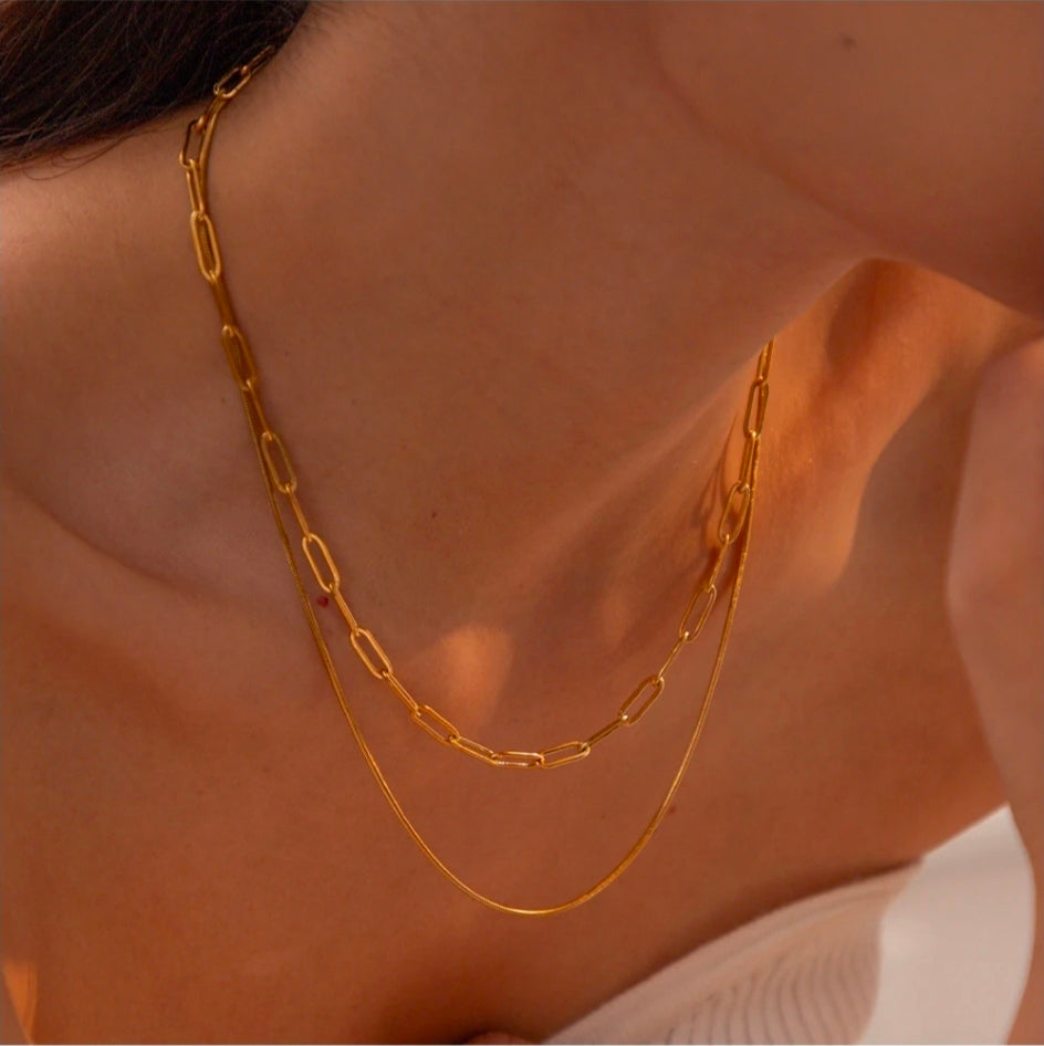 Colar Duplo Elos Retangulares Banhado a Ouro 18k