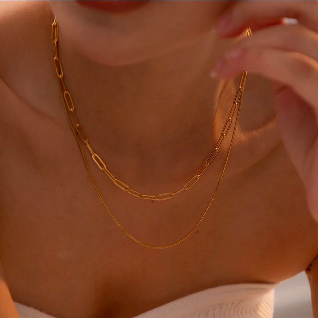 Colar Duplo Elos Retangulares Banhado a Ouro 18k