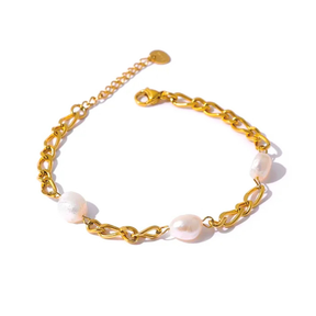 Pulseira Corrente com Pérolas em Aço Banhado a Ouro