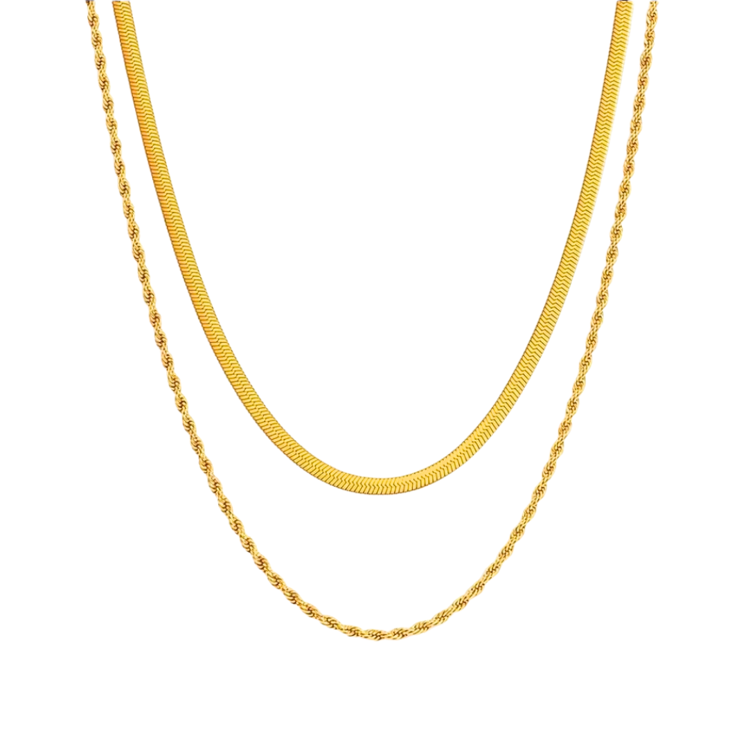 Colar Duplo Cordão Torcido e Fita Banhados a Ouro 18k