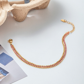 Pulseira Dupla de Bolinhas e Zircônias Rosas Banhada a Ouro 18k