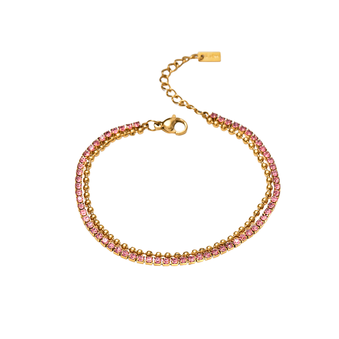 Pulseira Dupla de Bolinhas e Zircônias Rosas Banhada a Ouro 18k