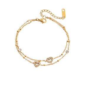 Pulseira Dupla Mini Corações Cravejados Banhada a Ouro 18k