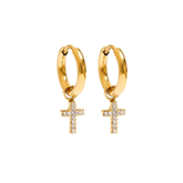 Brinco Argolinha Cruz Cravejada Banhado a Ouro 18k