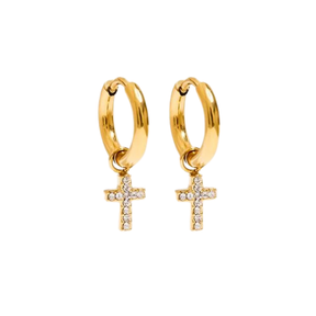 Brinco Argolinha Cruz Cravejada Banhado a Ouro 18k