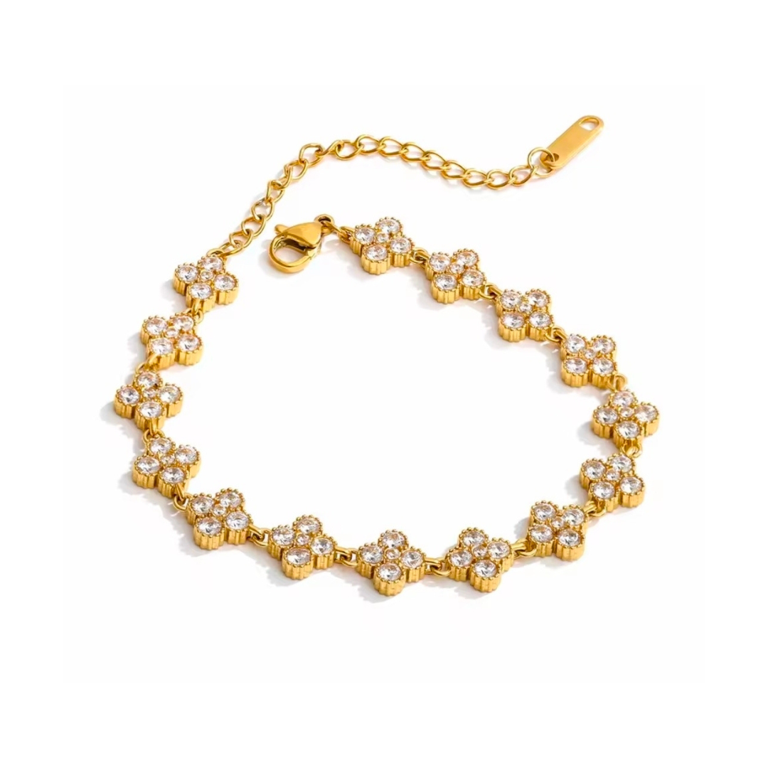 Pulseira Trevo em Flor Cravejada Banhada a Ouro 18k