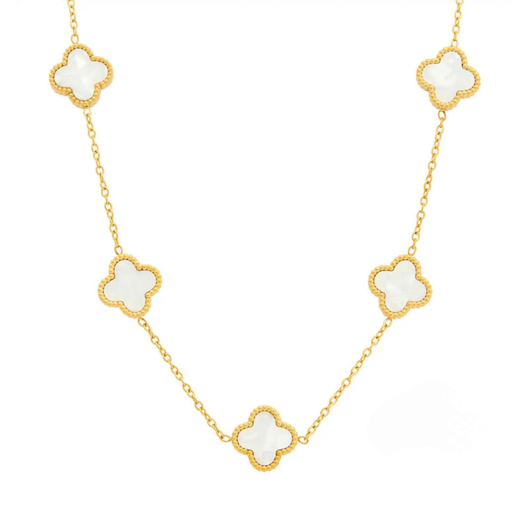 Colar Trevos Brancos Perolados Banhado a Ouro 18k