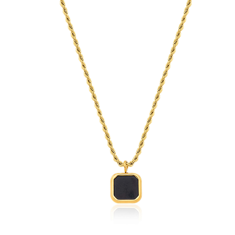 Colar Cordão Torcido com Pedra Preta Banhado a Ouro 18k