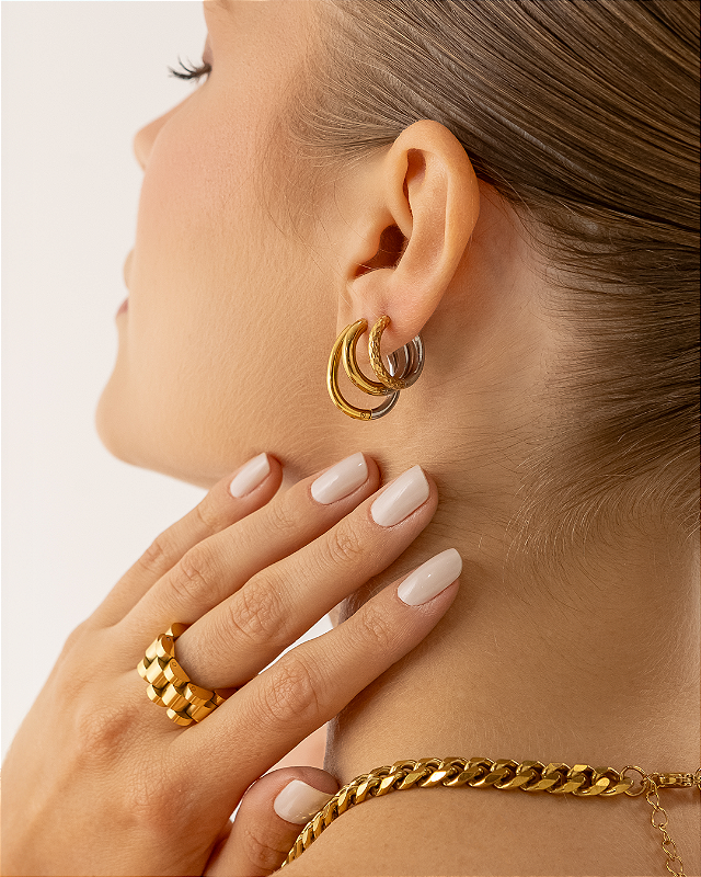 Brinco Argolinha Duo Classic Oval Banhado a Ouro 18k