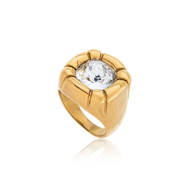 Anel Party Pedra Cristal Banhado a Ouro 18k