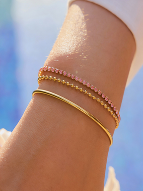 Pulseira Dupla de Bolinhas e Zircônias Rosas Banhada a Ouro 18k