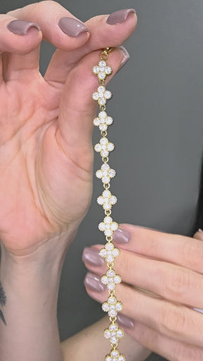 Pulseira Trevo em Flor Cravejada Banhada a Ouro 18k