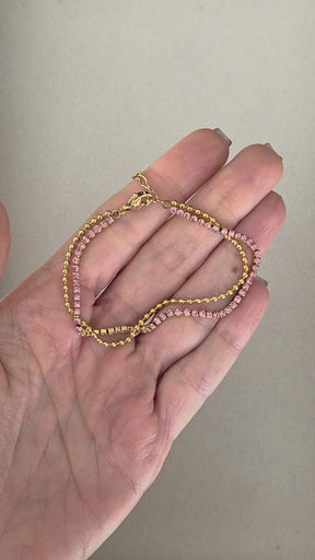 Pulseira Dupla de Bolinhas e Zircônias Rosas Banhada a Ouro 18k