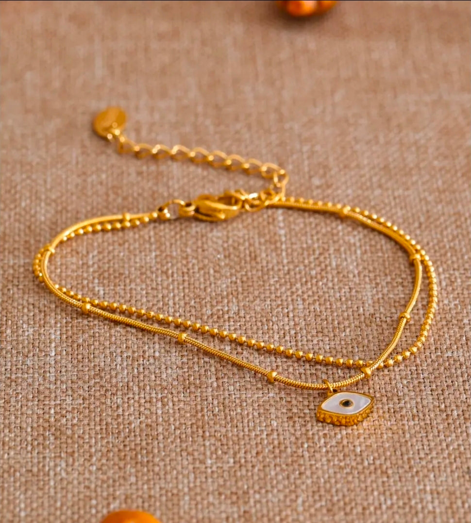 Pulseira Dupla Olho Grego em aço Banhado a Ouro