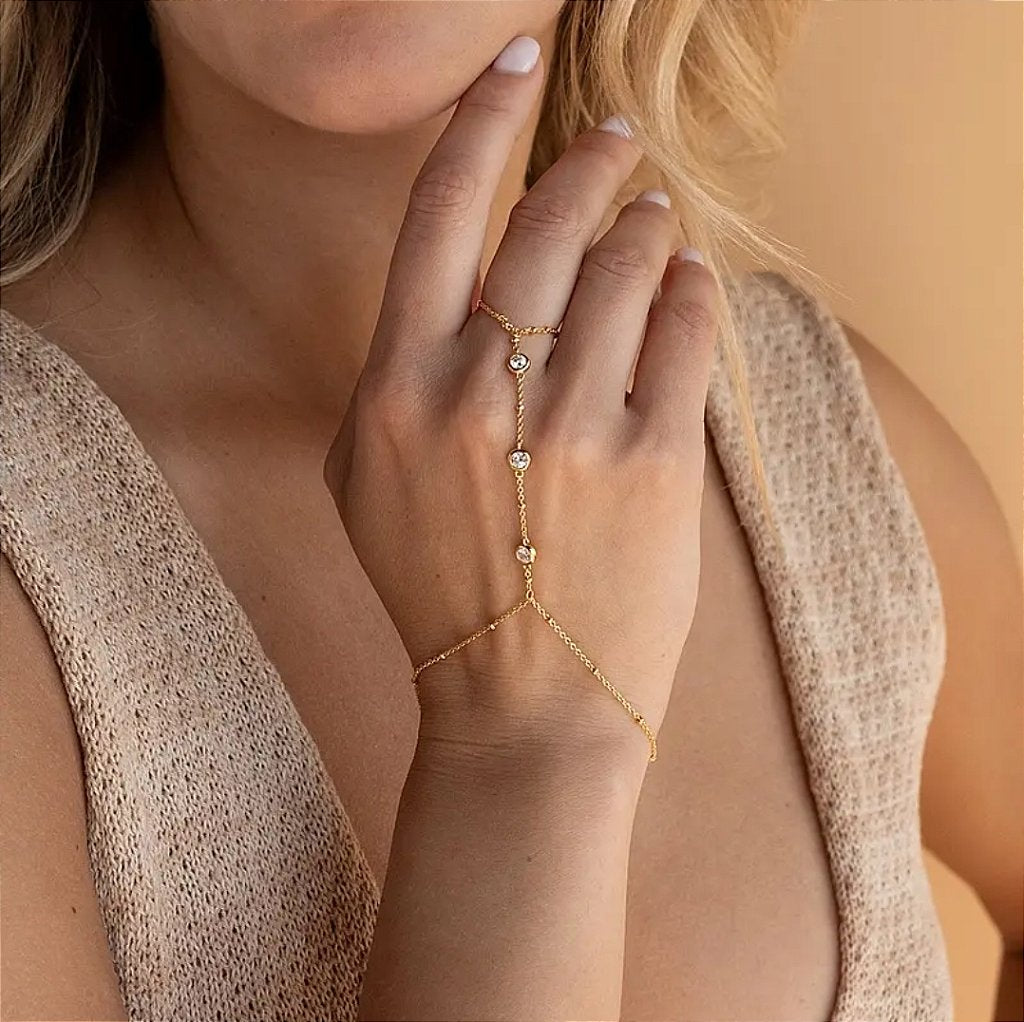 Pulseira de Mão com Cristais Banhada a Ouro 18k